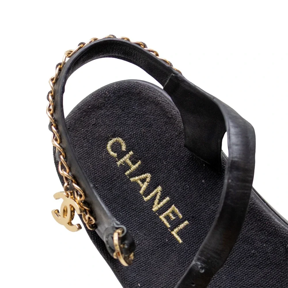 Chanel Black Leather Chain Link Platform Sandals CC Logo G37140 Size 36C